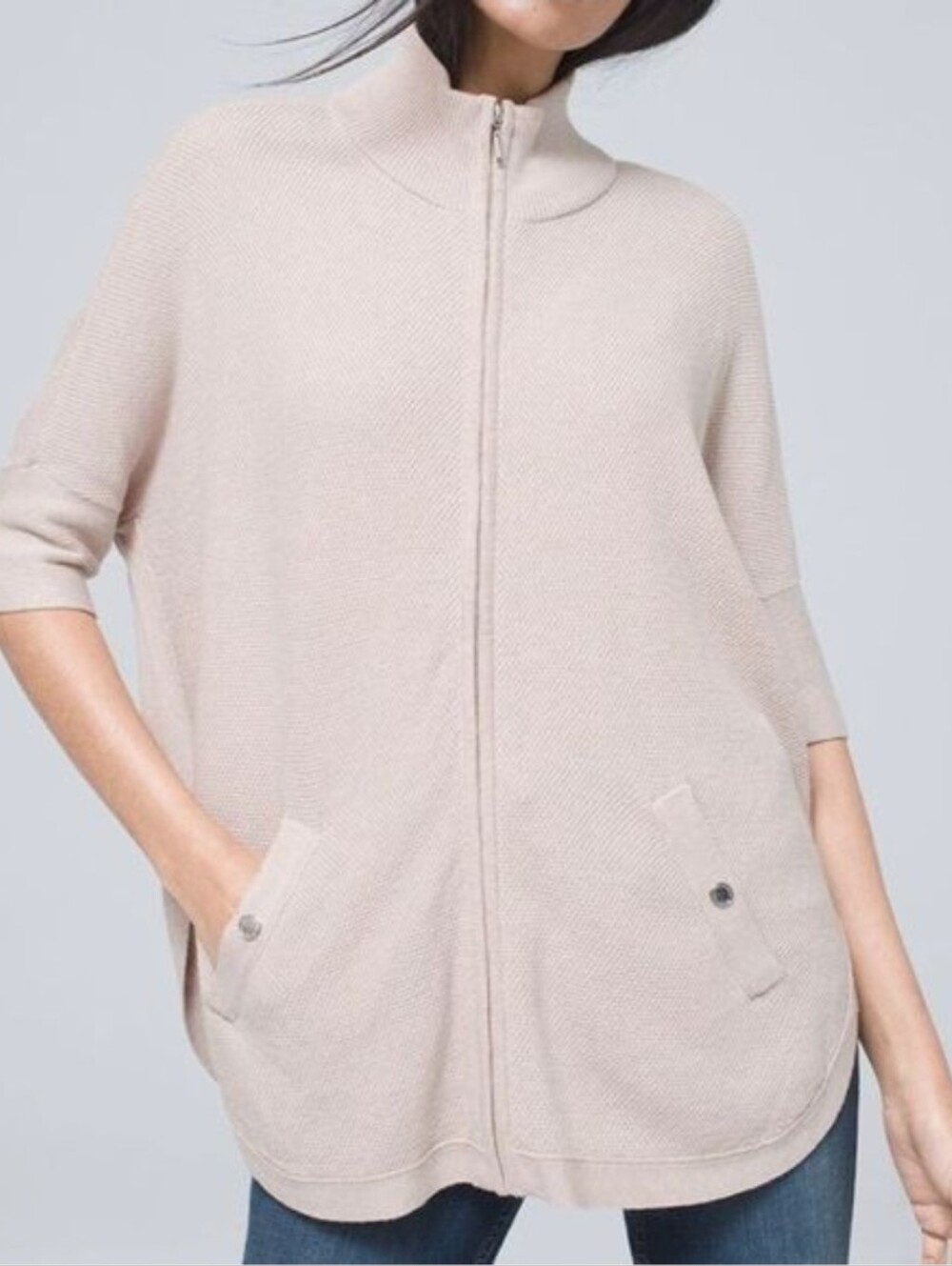 White House Black Market Cream Zip-Front Knit Poncho Cardigan Size S